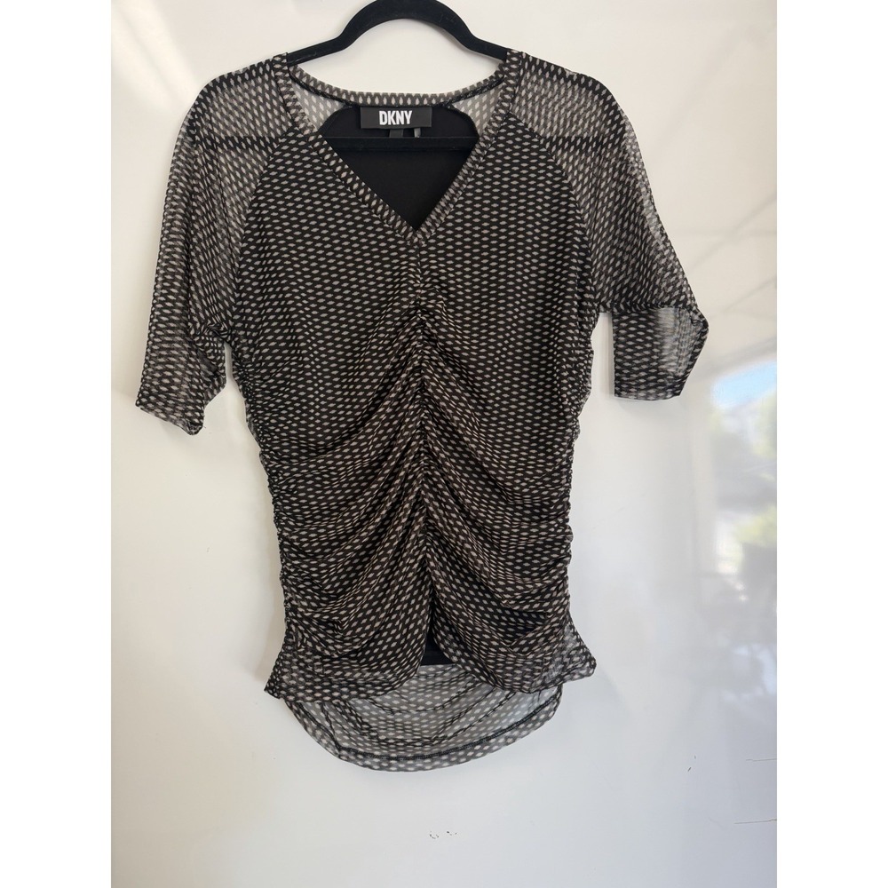 DKNY Black Mesh Blouse Womens V-Neck Ruched Overlay Half Sleeve Shirt M